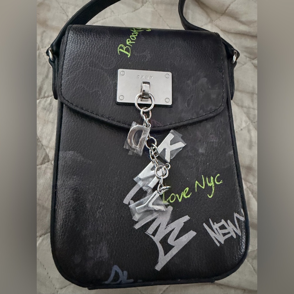 DKNY Black Graffiti Crossbody Bag with Silver D KNY Charm still wrapped